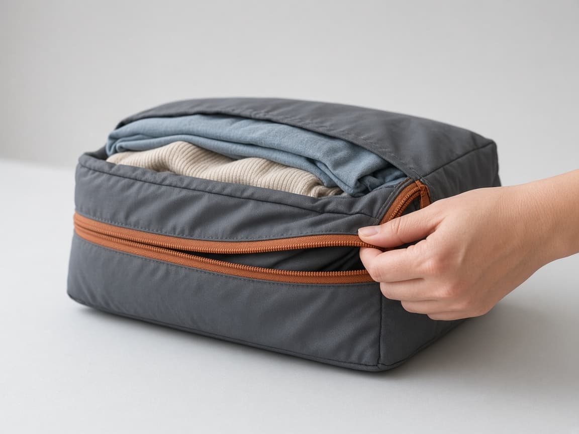 A hand pulling the second zip on a packing cube so the packed clothes compress down