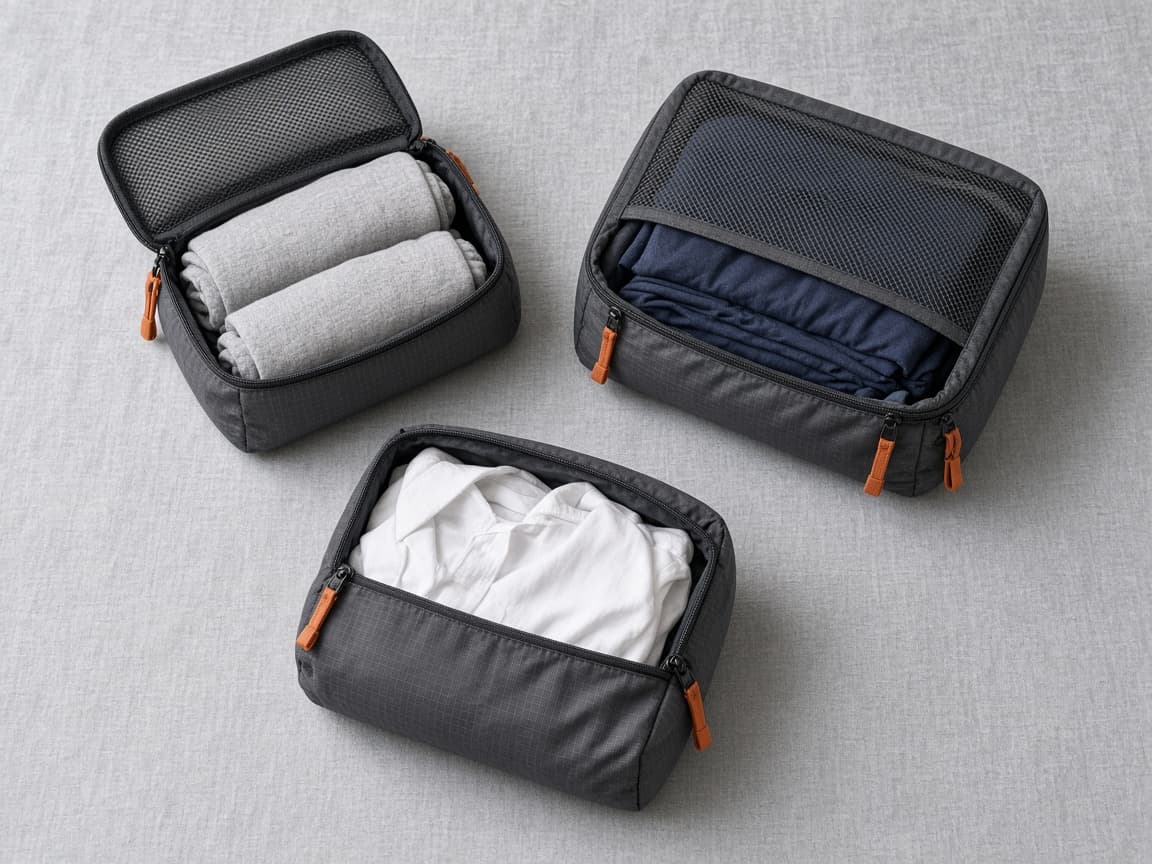 Three compression packing cubes open on a table, folded and rolled clothes inside, mesh panel on the lid
