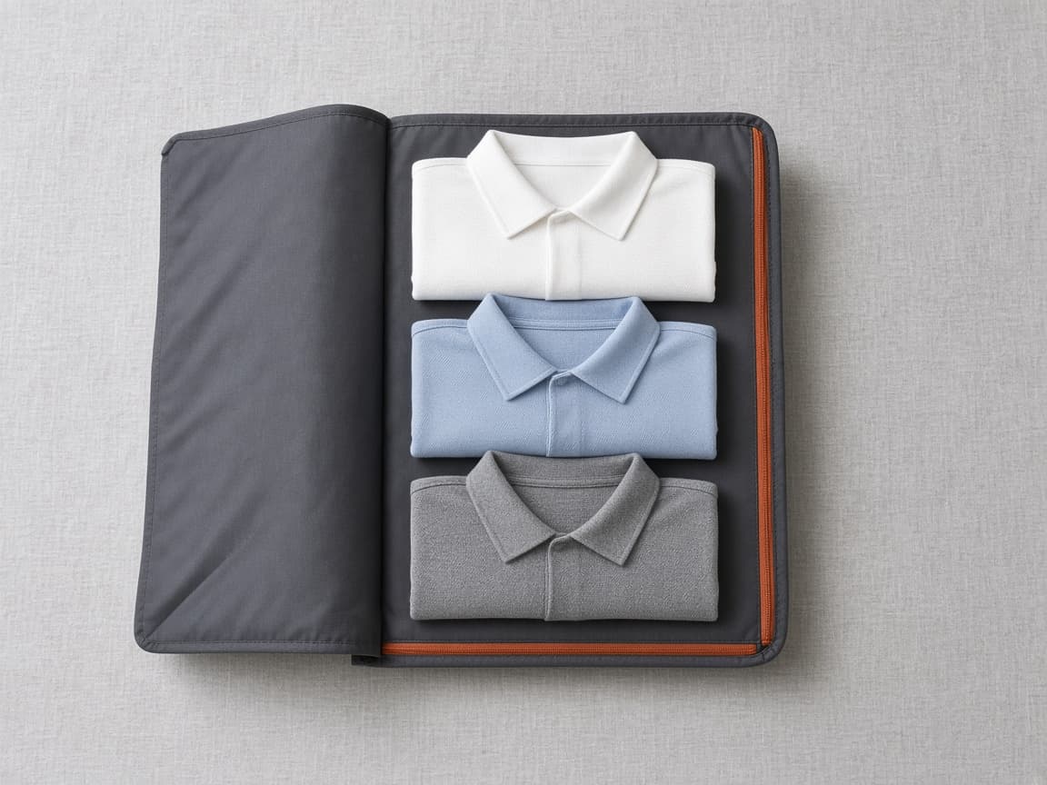 Compression garment folder lying open with three folded shirts stacked flat on its folding board