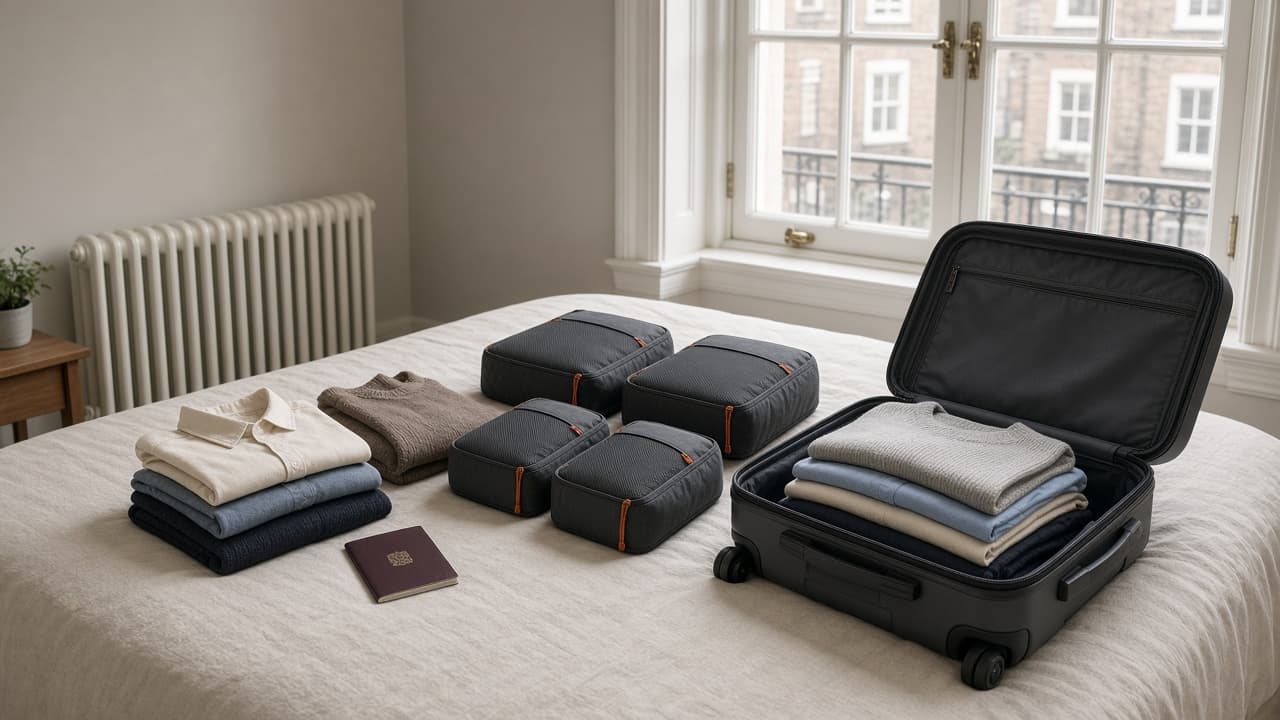 Compression packing cubes laid out beside an open cabin case with folded clothes ready to go in