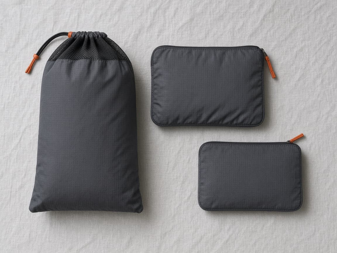 Set of three grey travel pouches laid out flat: drawstring laundry sack, zipped shoe bag and a small flat pouch
