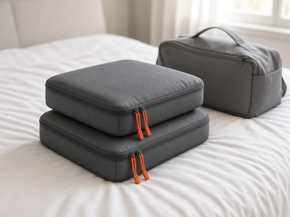 Two slim compression packing cubes stacked next to a grey cabin holdall